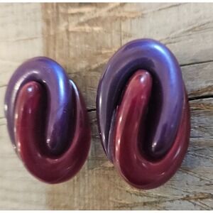 VINTAGE Statement Earrings Purple & Red Interlocking Loop Design Fashion Jewelry